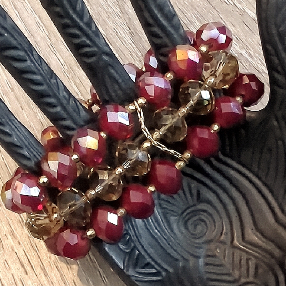 Vintage Glass Crystal Three Strand Red Aura Borealis Bracelet